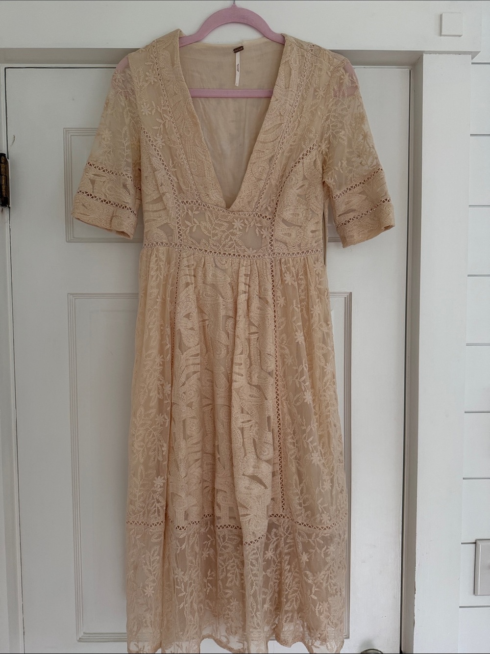 Free People Beige Lace V-Neck Midi Dress